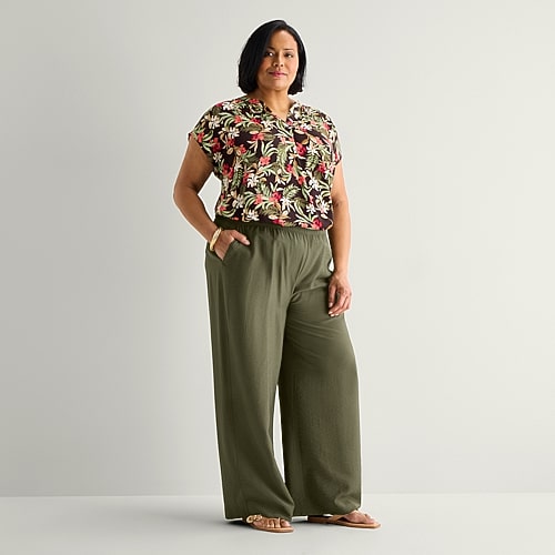 Liz Claiborne Womens Plus Wide Leg Mid Rise Pull-on Pant In Green