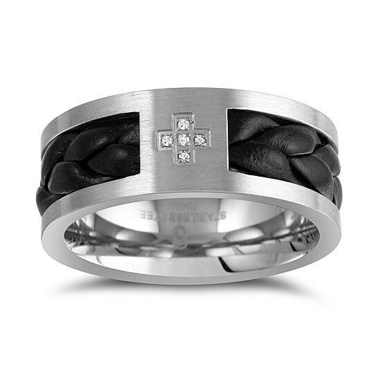 Mens 8MM Diamond Accent Natural White Diamond Stainless Steel Wedding Band