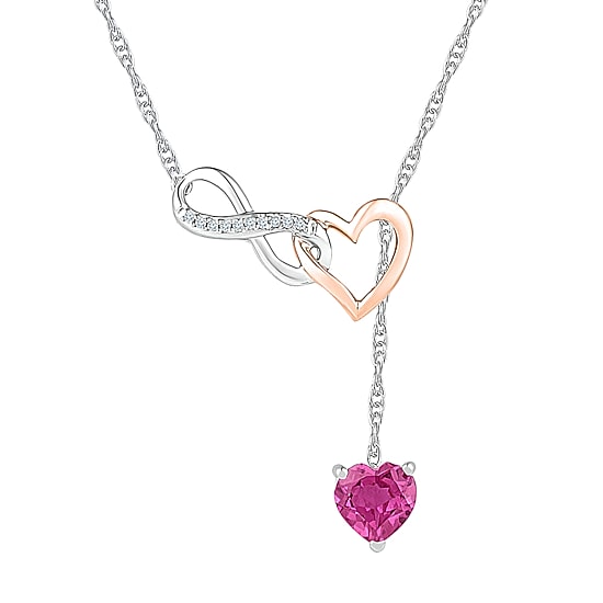 Womens Diamond Accent Lab Created Pink Sapphire 10K Rose Gold Sterling Silver Heart 18 Inch Pendant Necklace