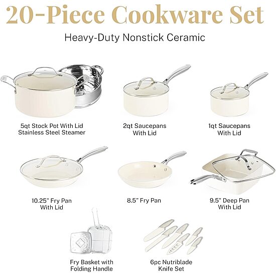 Gotham Steel Cream 20-pc. Non-Stick Cookware Set with Knives