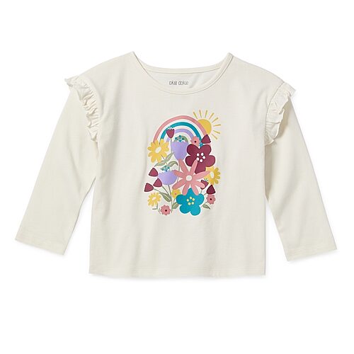 Okie Dokie Toddler & Little Girls Round Neck Long Sleeve Regular Fit Graphic T-Shirt, 12 Months, White