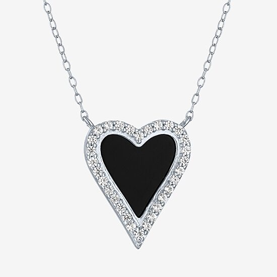 Womens Genuine Black Onyx Sterling Silver Heart 16 Inch Pendant Necklace