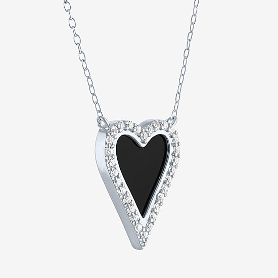 Womens Genuine Black Onyx Sterling Silver Heart 16 Inch Pendant Necklace