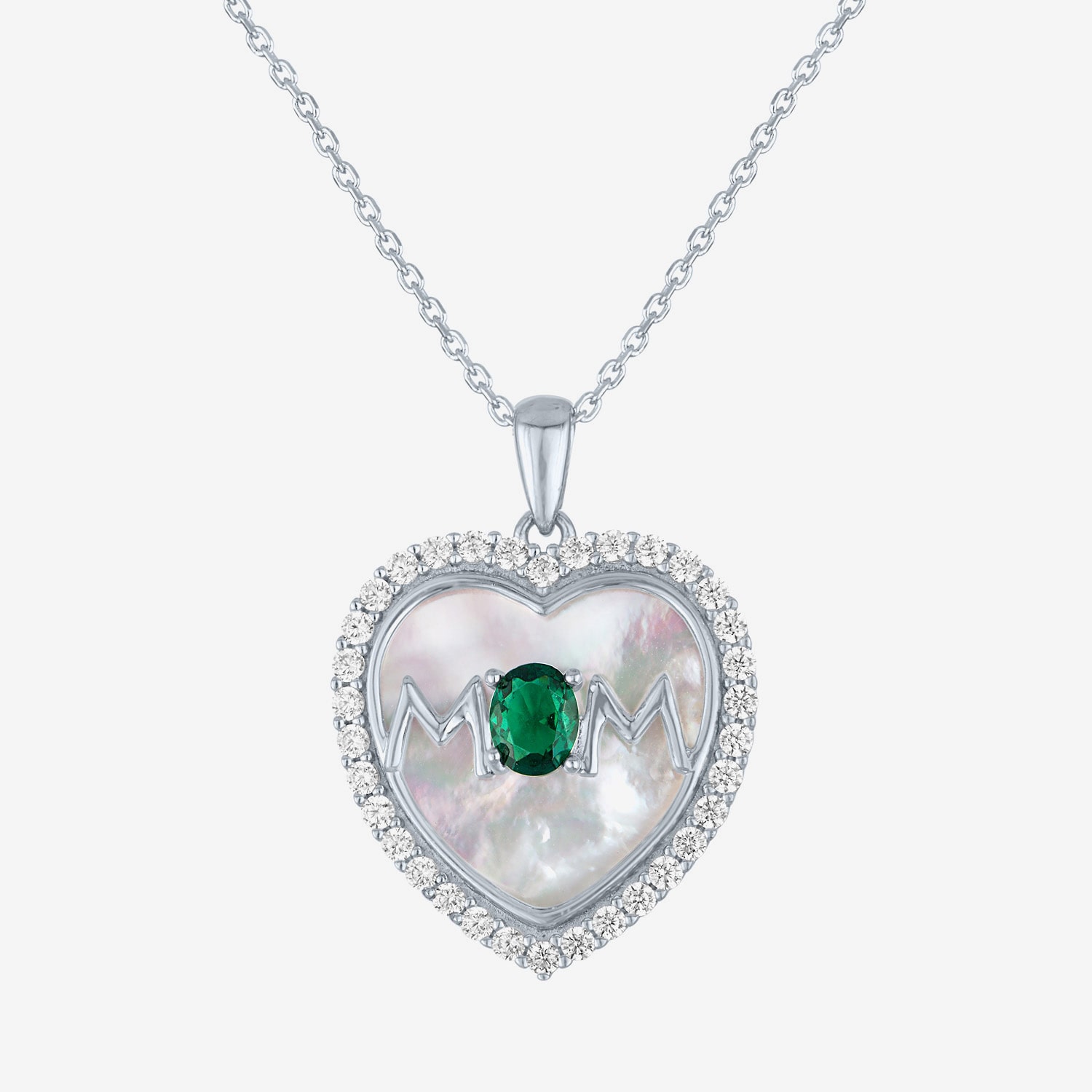 "Mom" Womens Lab Created Green Emerald Sterling Silver Heart 16 Inch Pendant Necklace