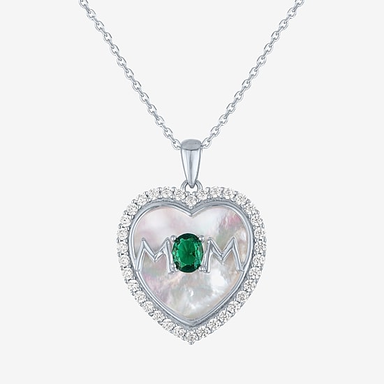 "Mom" Womens Lab Created Green Emerald Sterling Silver Heart 16 Inch Pendant Necklace