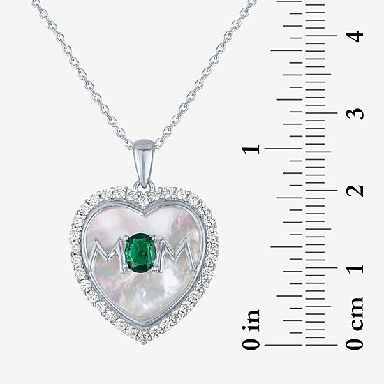 "Mom" Womens Lab Created Green Emerald Sterling Silver Heart 16 Inch Pendant Necklace