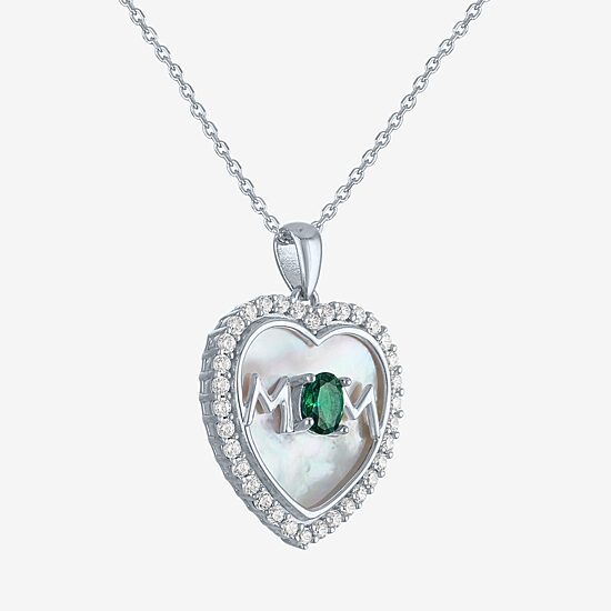 "Mom" Womens Lab Created Green Emerald Sterling Silver Heart 16 Inch Pendant Necklace