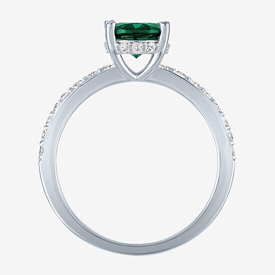 Womens Lab Created Green Emerald Sterling Silver Oval Side Stone Cocktail Ring