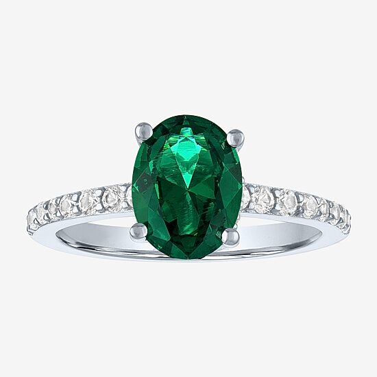 Womens Lab Created Green Emerald Sterling Silver Oval Side Stone Cocktail Ring