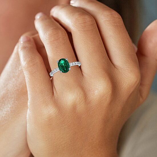 Womens Lab Created Green Emerald Sterling Silver Oval Side Stone Cocktail Ring