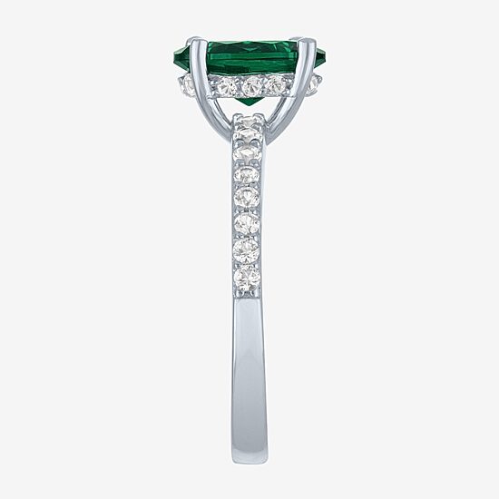 Womens Lab Created Green Emerald Sterling Silver Oval Side Stone Cocktail Ring