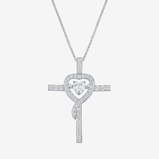 Womens Lab Created White Sapphire Sterling Silver Cross Heart 18 Inch Pendant Necklace