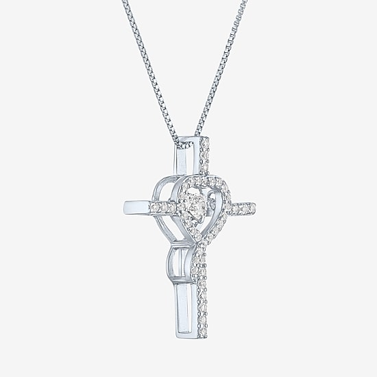 Womens Lab Created White Sapphire Sterling Silver Cross Heart 18 Inch Pendant Necklace