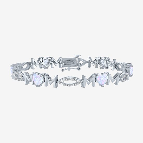 "Mom" Womens Lab Created White Opal Sterling Silver 7.5 Inch Tennis Bracelet