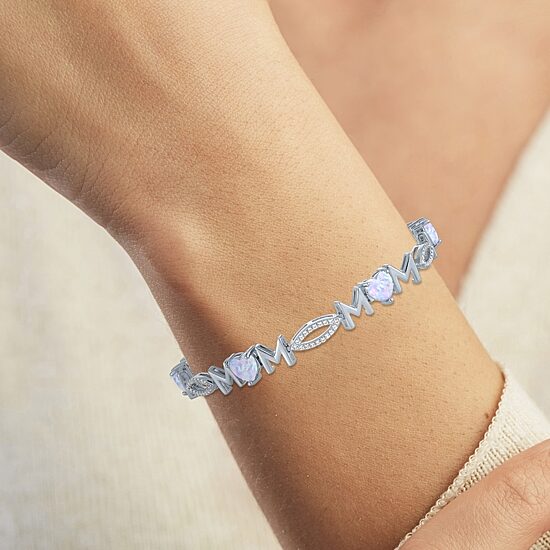 "Mom" Womens Lab Created White Opal Sterling Silver 7.5 Inch Tennis Bracelet