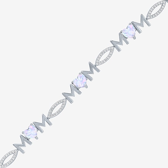 "Mom" Womens Lab Created White Opal Sterling Silver 7.5 Inch Tennis Bracelet