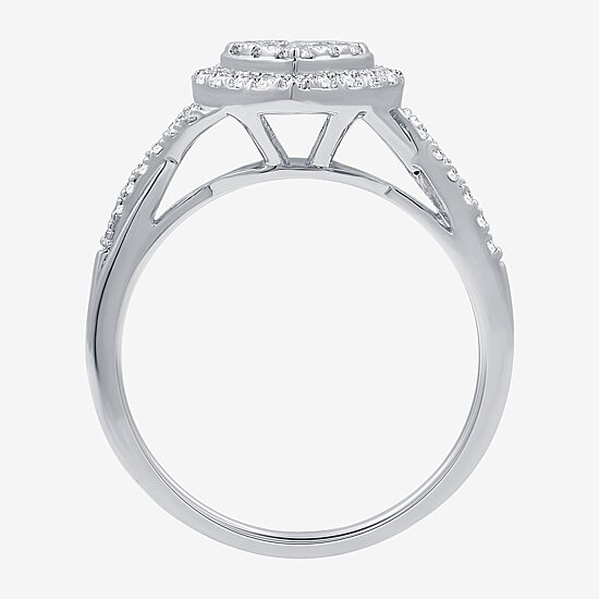 (H-I / I1) Womens 1/2 CT. T.W. Lab Grown White Diamond Sterling Silver Heart Side Stone Crossover Engagement Ring