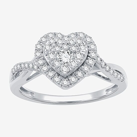 (H-I / I1) Womens 1/2 CT. T.W. Lab Grown White Diamond Sterling Silver Heart Side Stone Crossover Engagement Ring