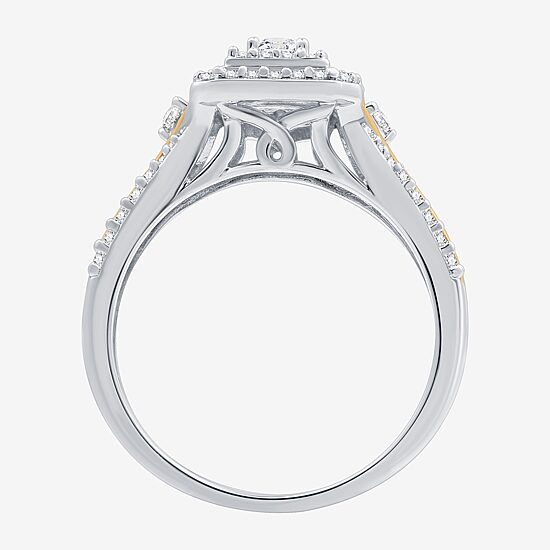 (H-I / I1) Womens 5/8 CT. T.W. Lab Grown White Diamond 14K Two Tone Gold Over Silver Side Stone Halo Bridal Set