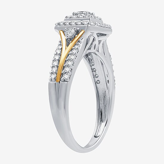 (H-I / I1) Womens 5/8 CT. T.W. Lab Grown White Diamond 14K Two Tone Gold Over Silver Side Stone Halo Bridal Set