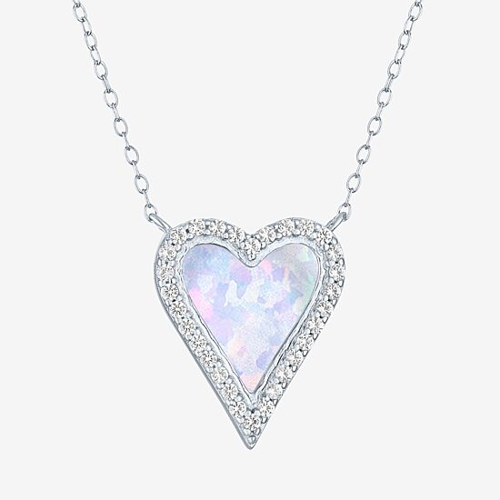 Womens Lab Created White Opal Sterling Silver Heart 16 Inch Pendant Necklace