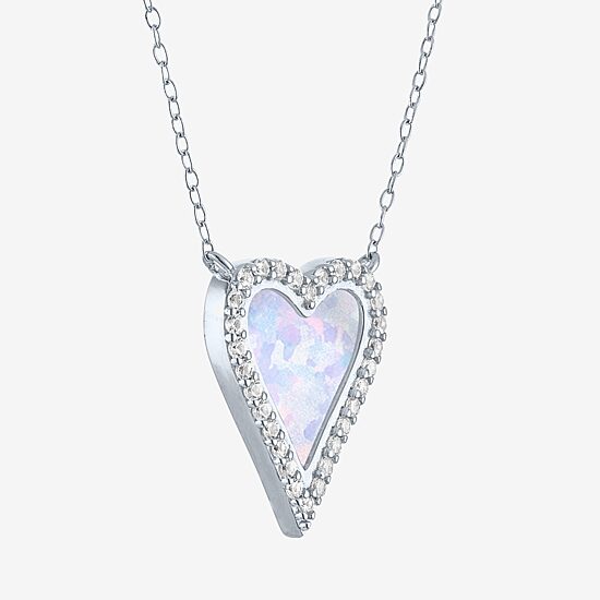 Womens Lab Created White Opal Sterling Silver Heart 16 Inch Pendant Necklace