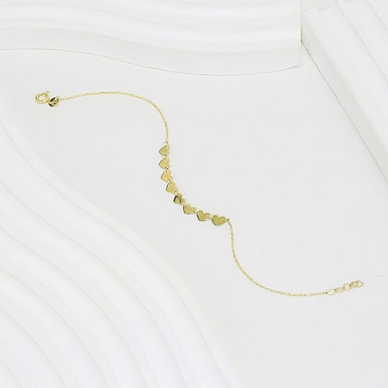 Womens 10K Gold 7.25 Inch Solid Link Heart Chain Bracelet