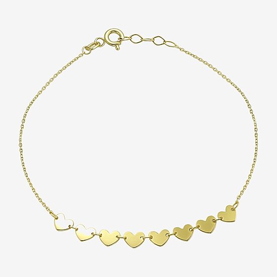 Womens 10K Gold 7.25 Inch Solid Link Heart Chain Bracelet