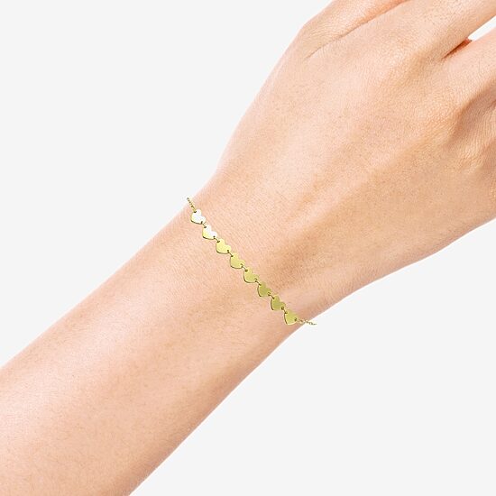 Womens 10K Gold 7.25 Inch Solid Link Heart Chain Bracelet