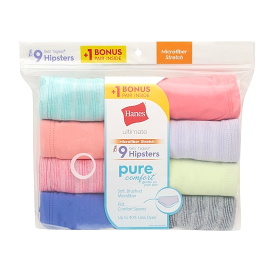 Hanes Pure Comfort Microfiber Bonus Pack Little & Big Kid Girls 9 Pack Hipster Panty Gupsh9