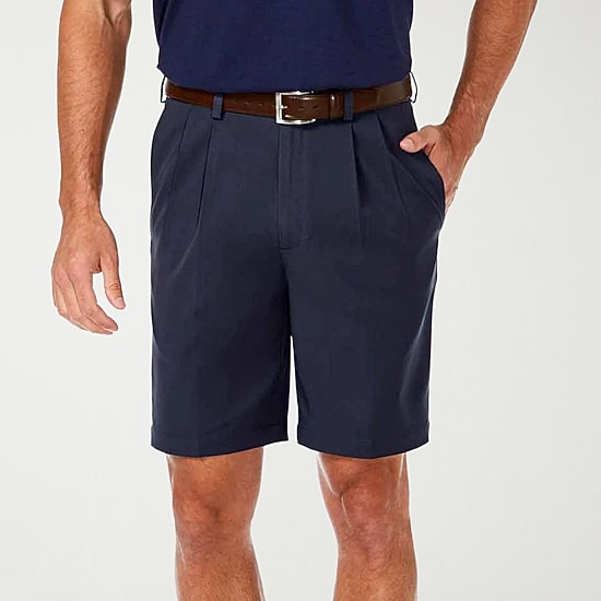Haggar Cool 18 Pro Pleated Mens 9 1/2" Stretch Fabric Moisture Wicking Quick Dry Chino Short