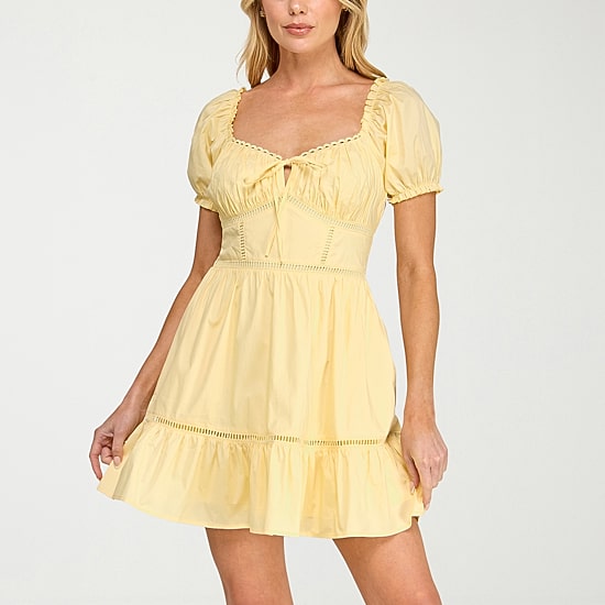 Trixxi Womens Juniors Short Sleeve Puffed Fit + Flare Dress