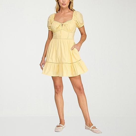 Trixxi Womens Juniors Short Sleeve Puffed Fit + Flare Dress