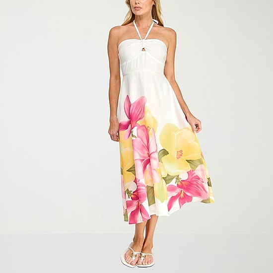 Trixxi Womens Juniors Halter Neck Sleeveless Floral A-Line Dress