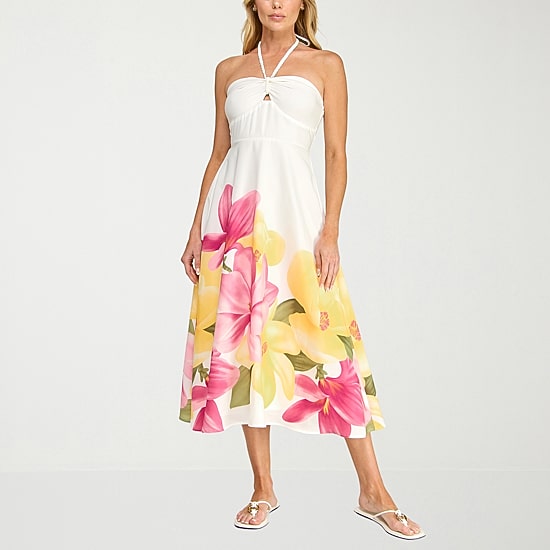Trixxi Womens Juniors Halter Neck Sleeveless Floral A-Line Dress