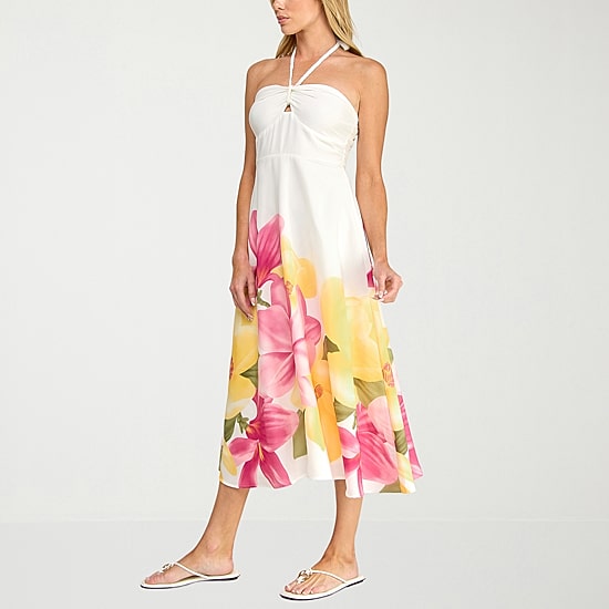 Trixxi Womens Juniors Halter Neck Sleeveless Floral A-Line Dress