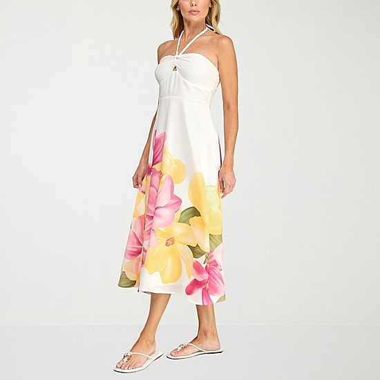 Trixxi Womens Juniors Halter Neck Sleeveless Floral A-Line Dress