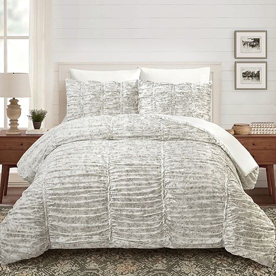 Modern Heirloom Floral Toile Ruched Reversible Comforter Set