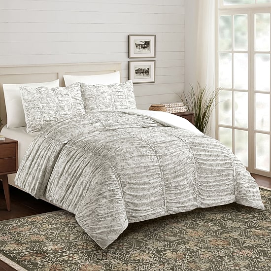 Modern Heirloom Floral Toile Ruched Reversible Comforter Set
