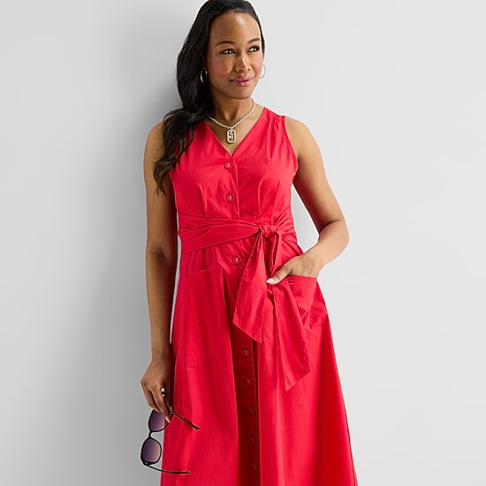 Liz Claiborne Womens Midi V Neck Sleeveless A-Line Dress