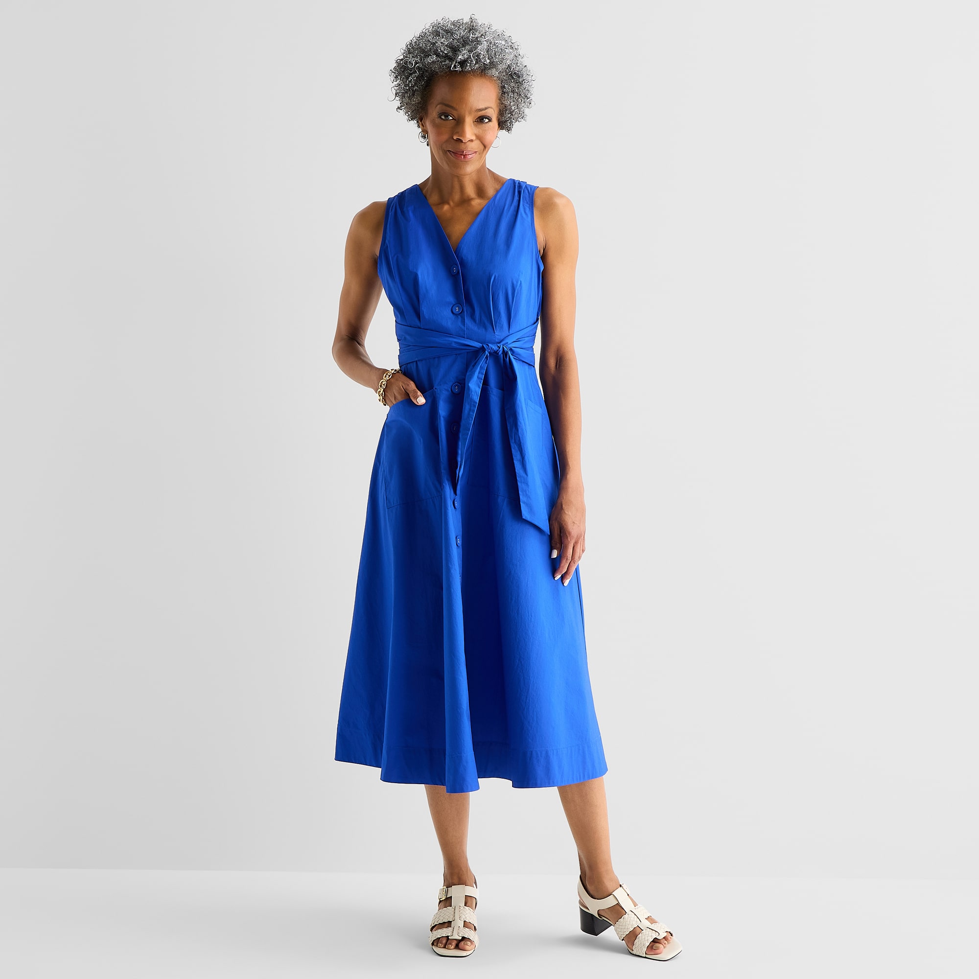 Liz Claiborne Womens Midi V Neck Sleeveless A-Line Dress