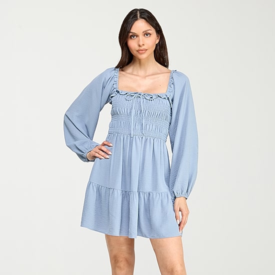 City Triangle Womens Juniors Square Neck Long Sleeve Balloon Fit + Flare Dress