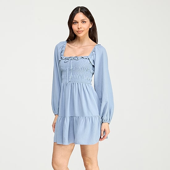 City Triangle Womens Juniors Square Neck Long Sleeve Balloon Fit + Flare Dress