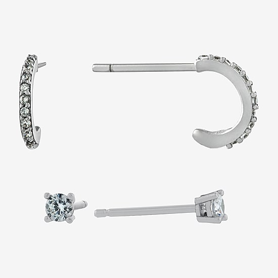 Silver Treasures Womens Cubic Zirconia Sterling Silver 2 Pair Earring Set