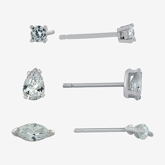 Silver Treasures Womens Cubic Zirconia Sterling Silver 3 Pair Earring Set
