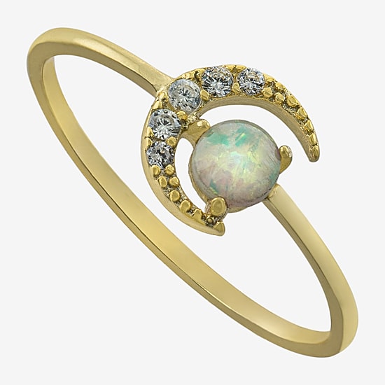 Silver Treasures Womens 20.5MM Opal 14K Gold Over Silver Moon Delicate Band
