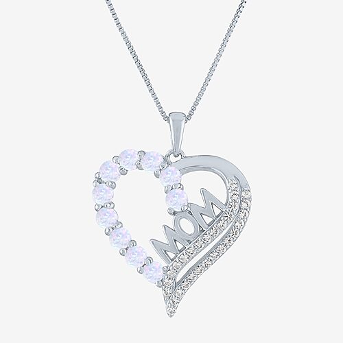 Mom Womens Lab Created White Opal Sterling Silver Heart 18 Inch Pendant Necklace, One Size