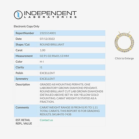 (H-I / I1) Womens 1 CT. T.W. Lab Grown White Diamond 10K Gold Circle 18 Inch Pendant Necklace
