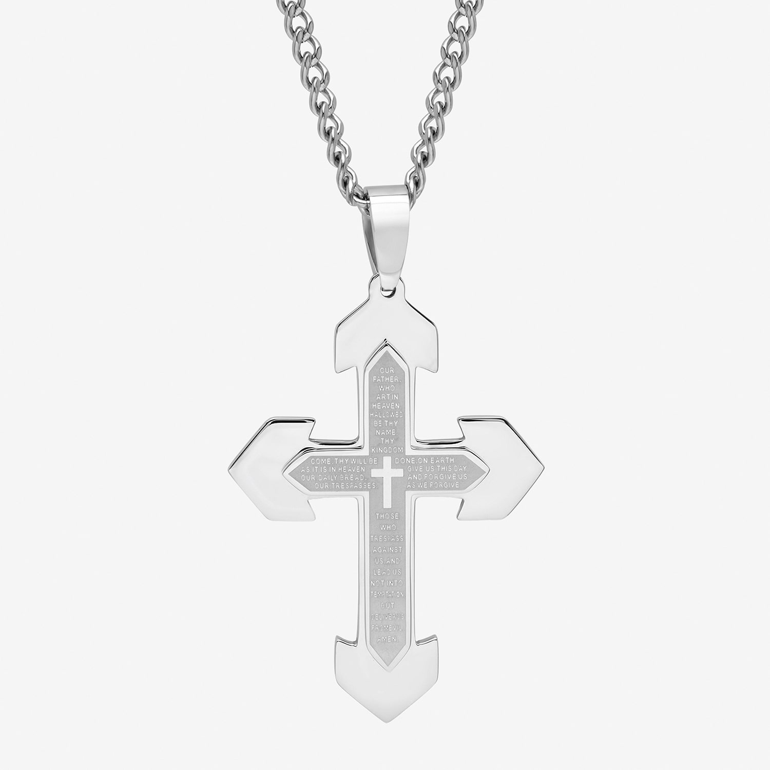 Mens Lord's Prayer Stainless Steel Cross Pendant Necklace