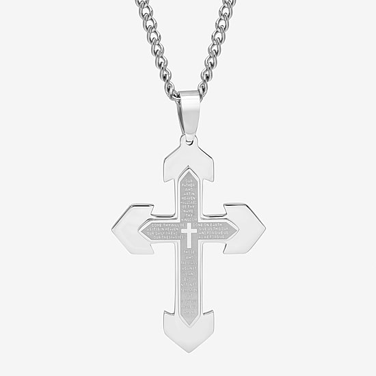 Mens Lord's Prayer Stainless Steel Cross Pendant Necklace